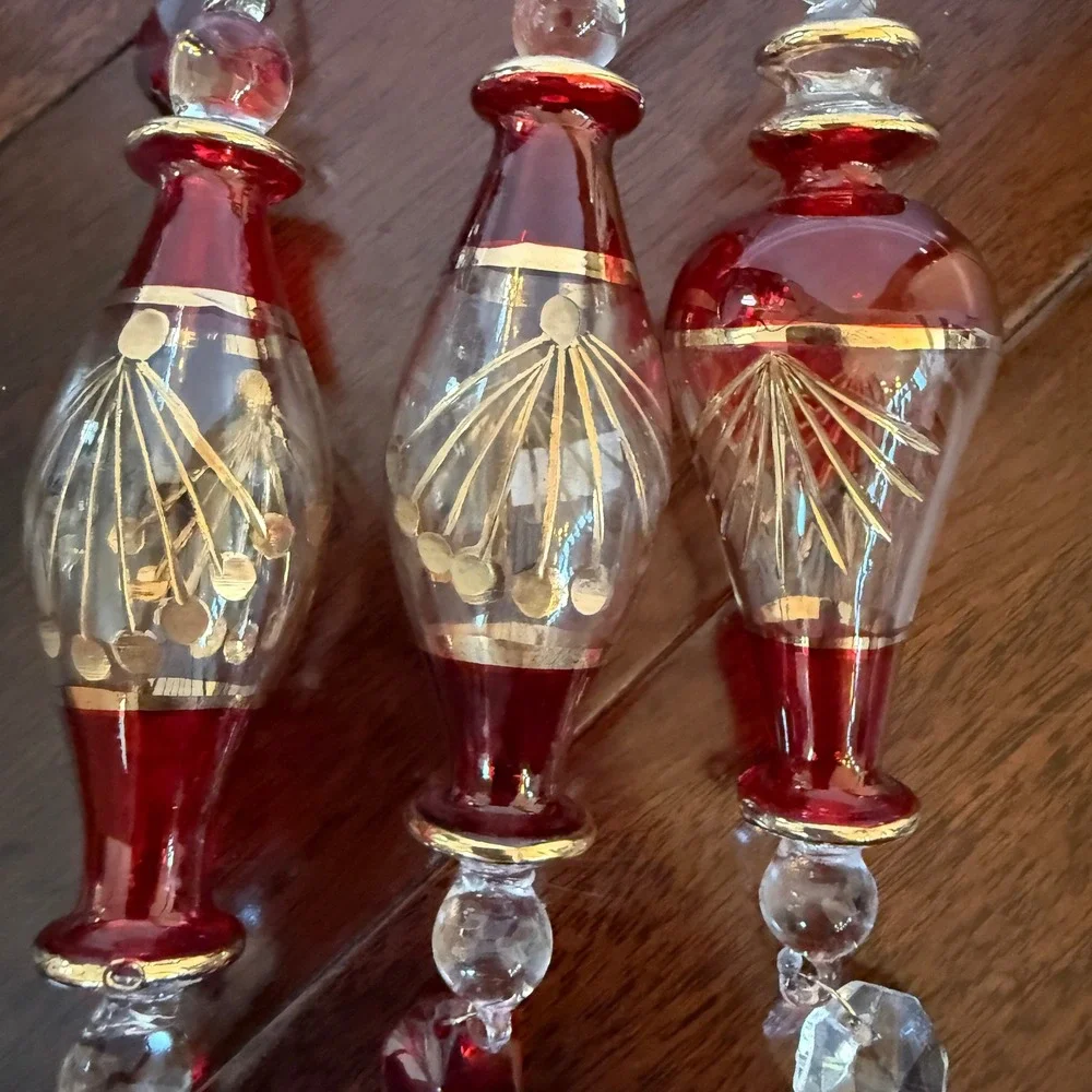 Set‎ of 3 Vintage Hand Blown Glass Ornaments Red Gold Teardrop Drop 10
